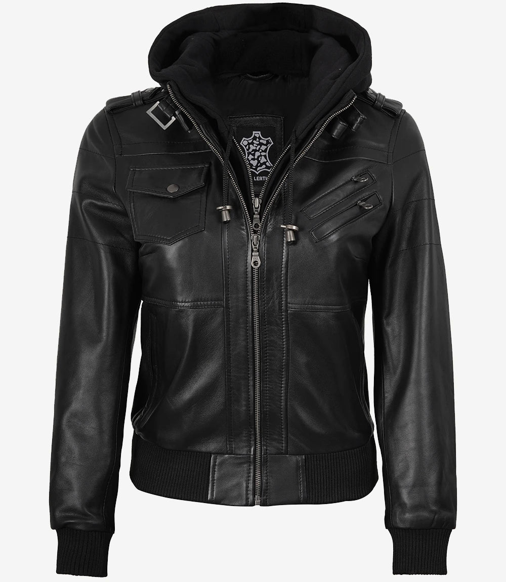 Edinburgh Women's Bomber Black Leather Jacket with Removable Hood