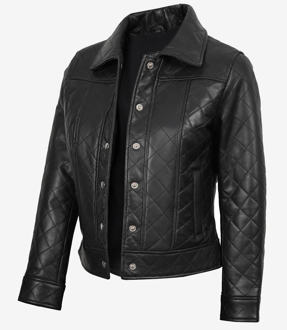 Women's Quilted Black Leather Jacket Shirt Collar