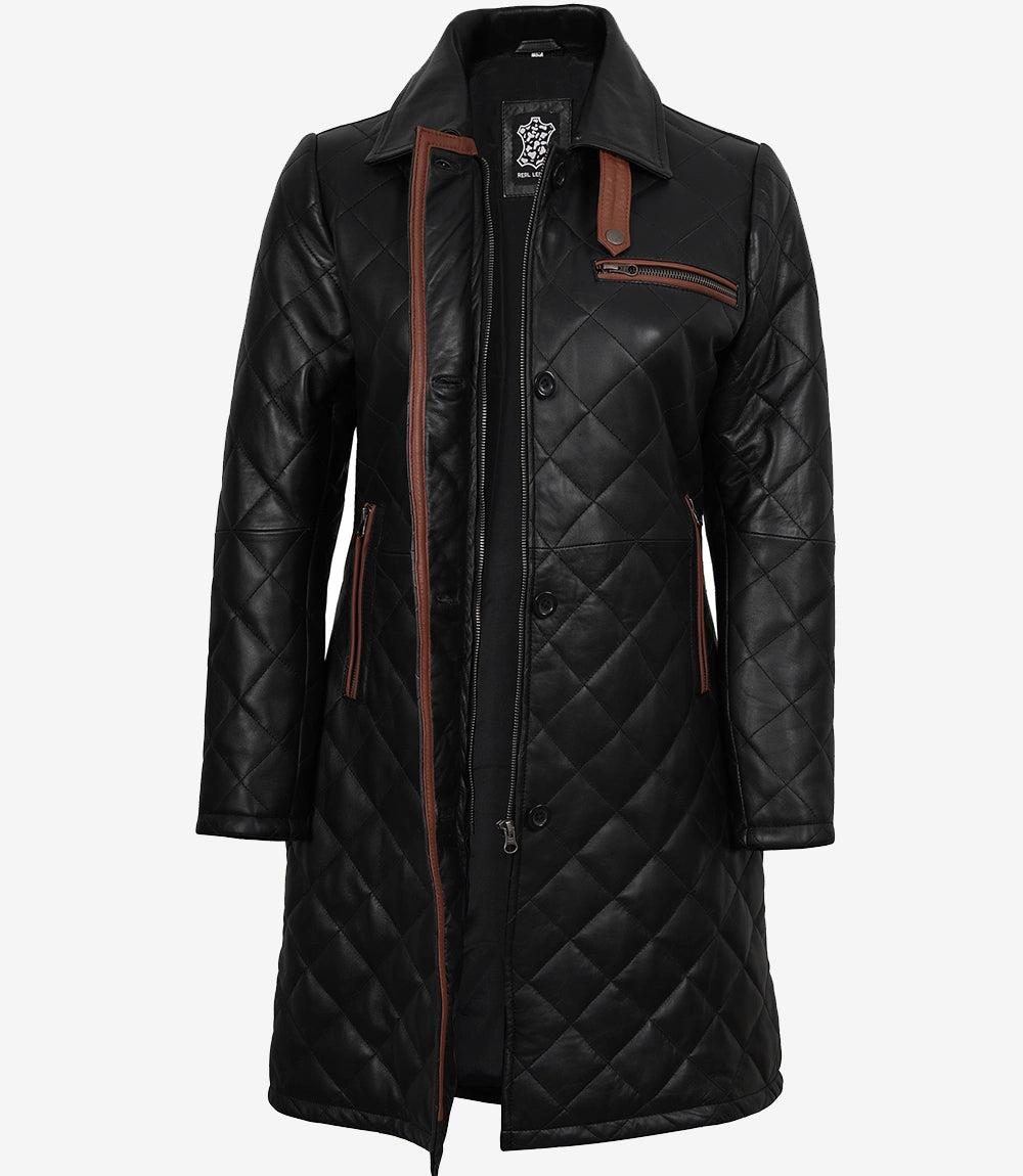 Glen Women's Black Quilted Real Leather Car Coat