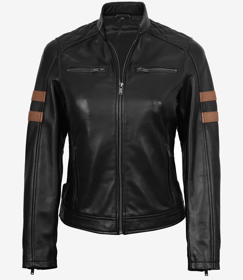 Women’s Black Biker Real Leather Jacket with Cognac Stripes