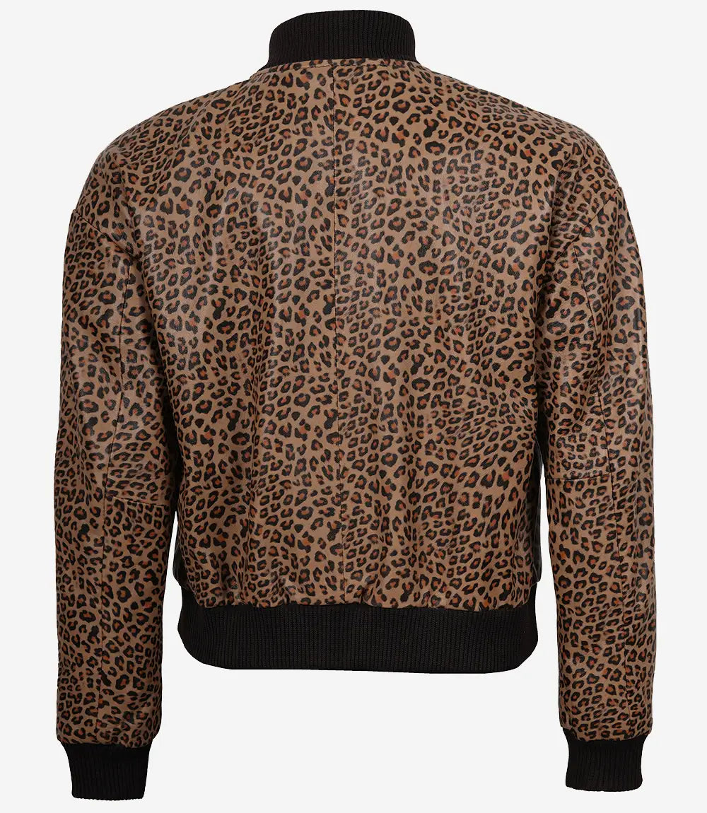 Women's Tan Brown Leopard Print Cropped Bomber Leather Jacket