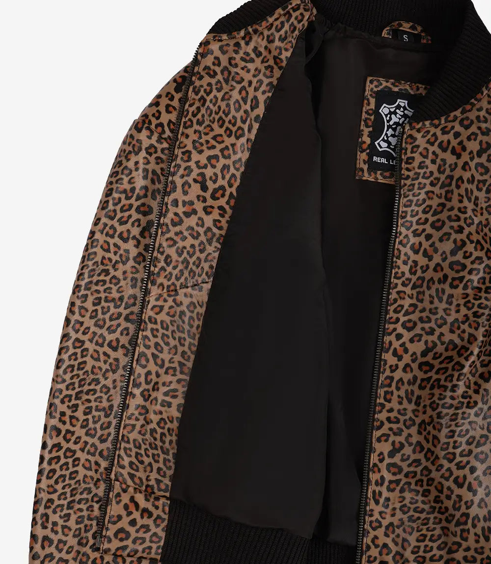 Women's Tan Brown Leopard Print Cropped Bomber Leather Jacket