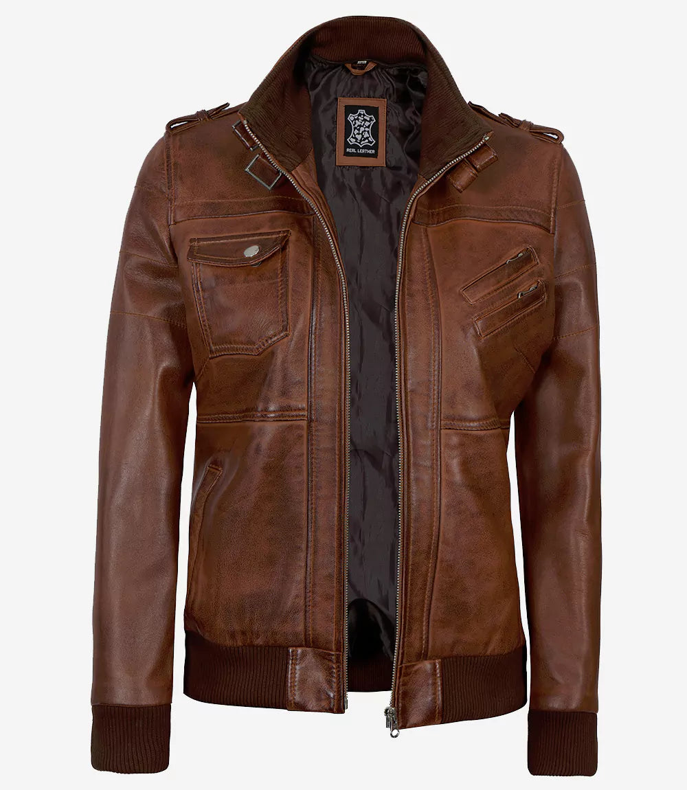 Women's Bomber Cognac Brown Leather Jacket with Removeable Hood