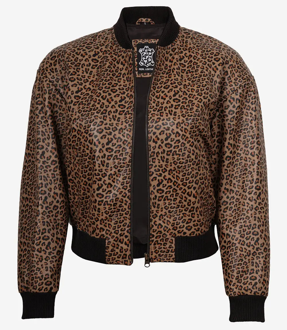 Women's Tan Brown Leopard Print Cropped Bomber Leather Jacket