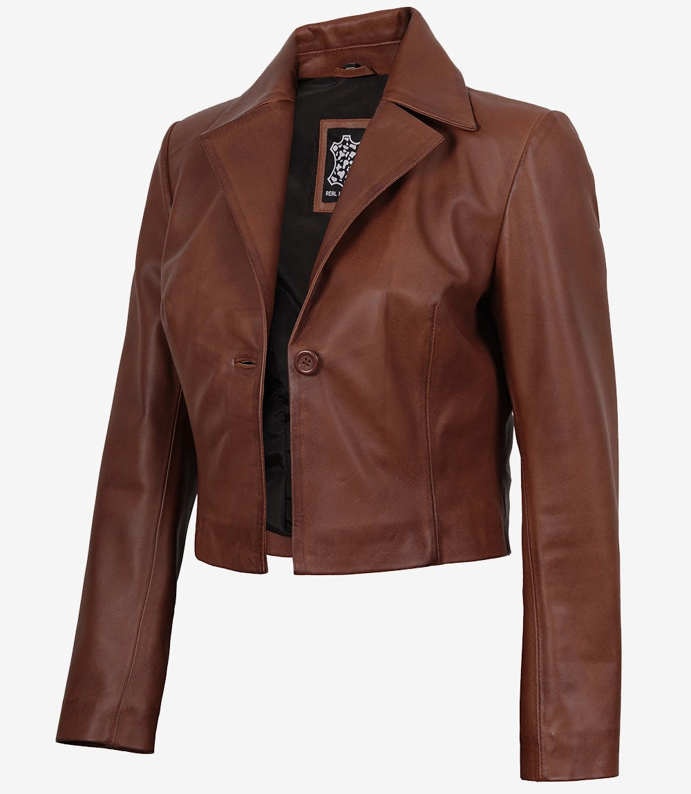 Women's Cognac Brown Single Button Cropped Leather Jacket