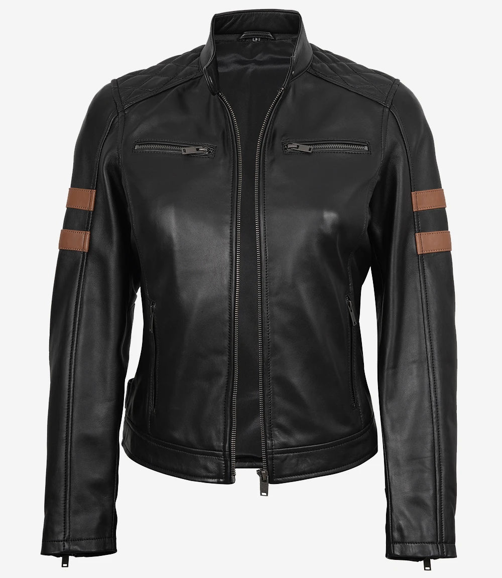 Women’s Black Biker Real Leather Jacket with Cognac Stripes