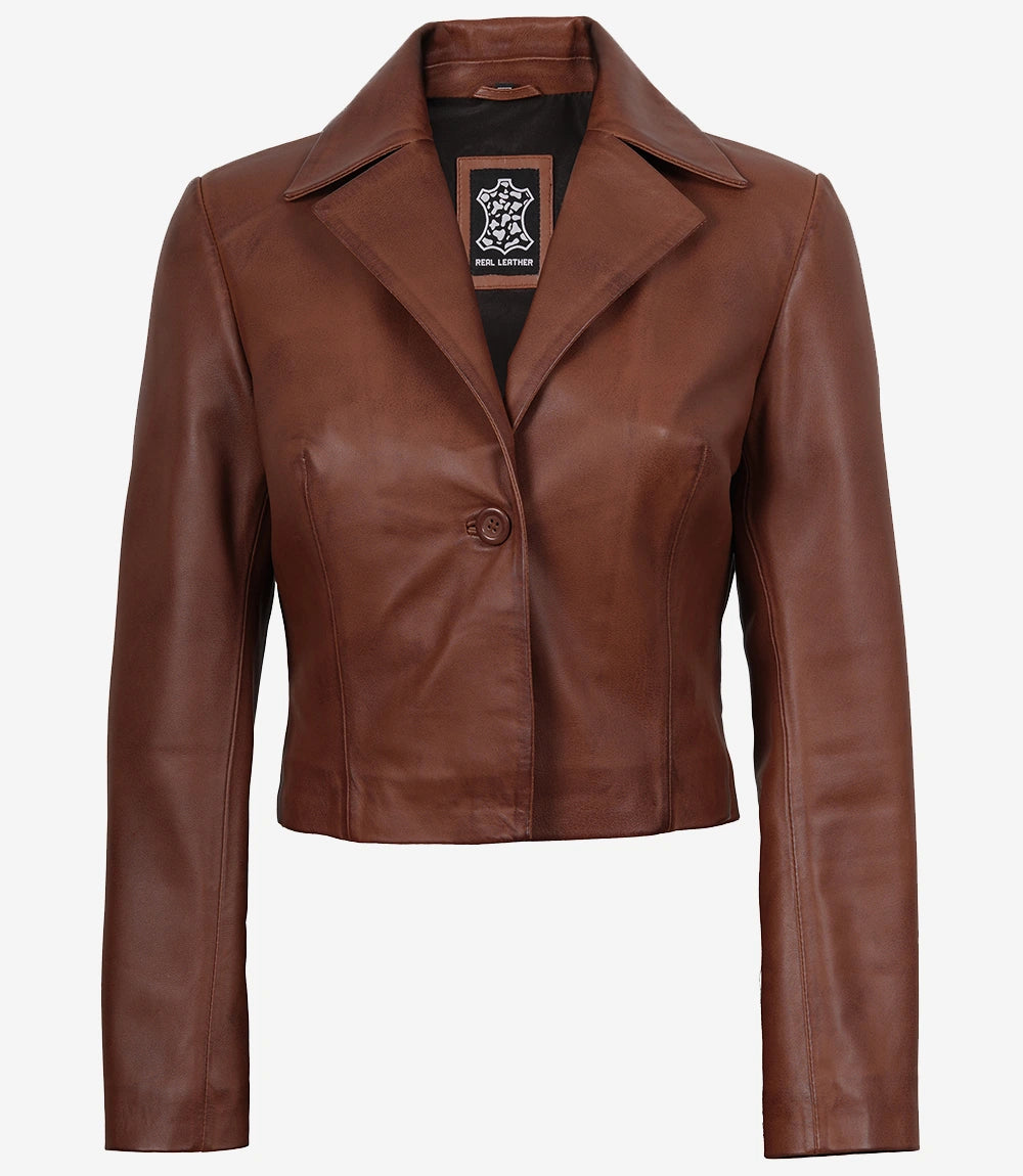 Women's Cognac Brown Single Button Cropped Leather Jacket