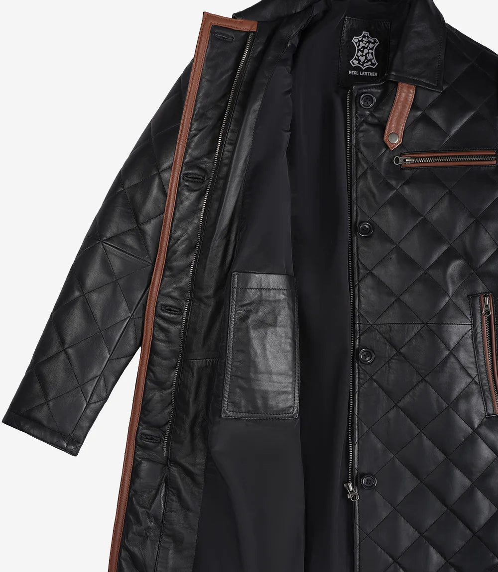 Glen Women's Black Quilted Real Leather Car Coat