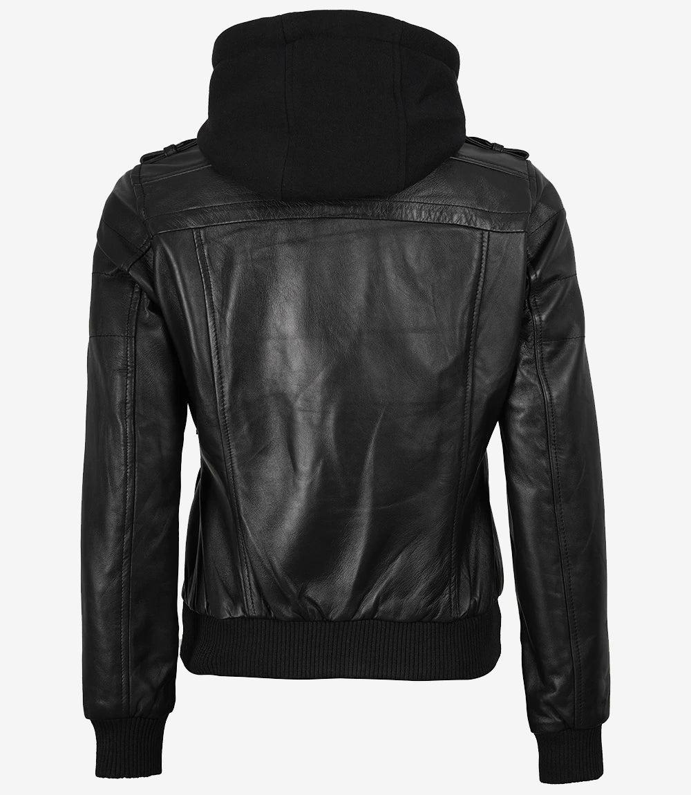 Edinburgh Women's Bomber Black Leather Jacket with Removable Hood