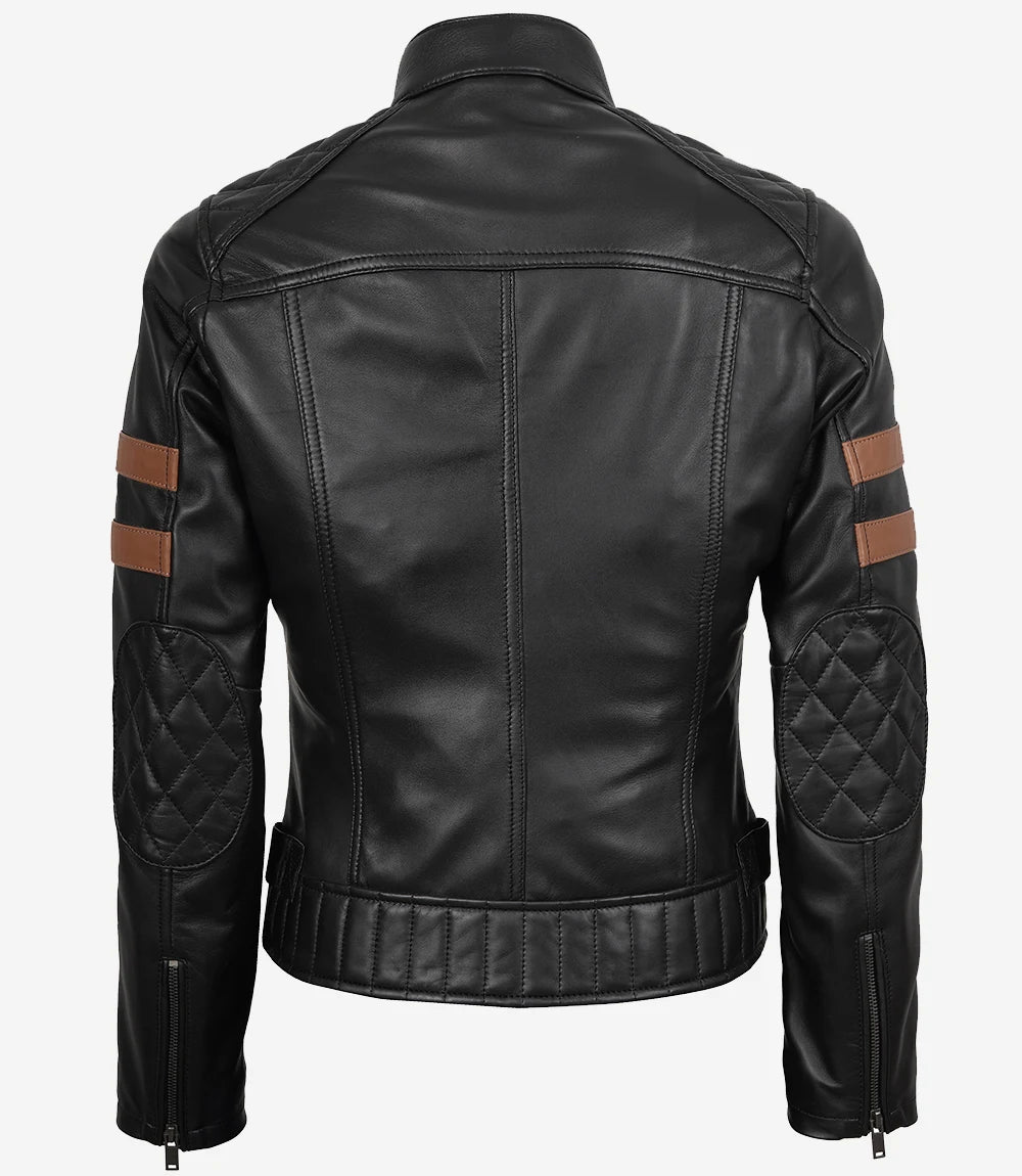 Women’s Black Biker Real Leather Jacket with Cognac Stripes