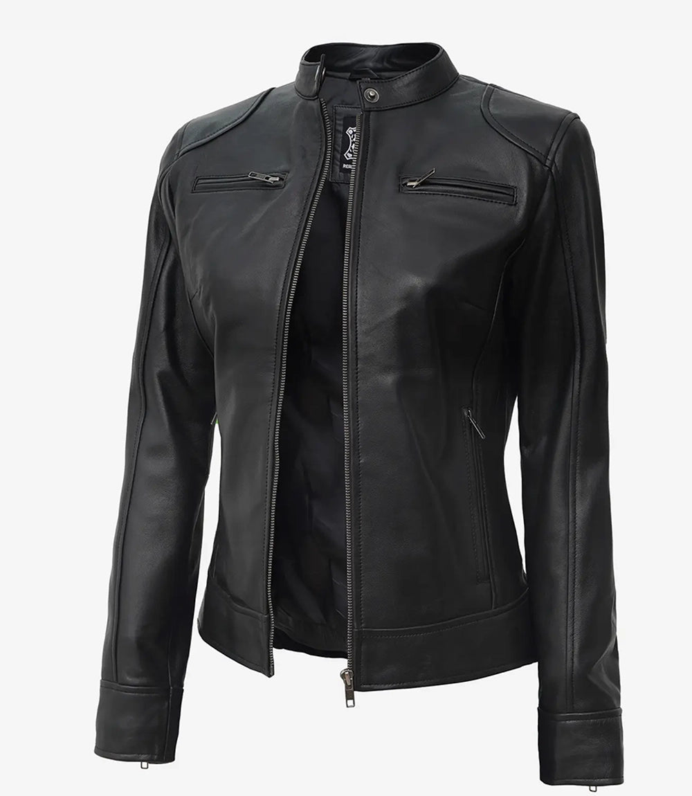 Women's Black Lambskin Leather Biker Jacket (2-4 Days Delivery)