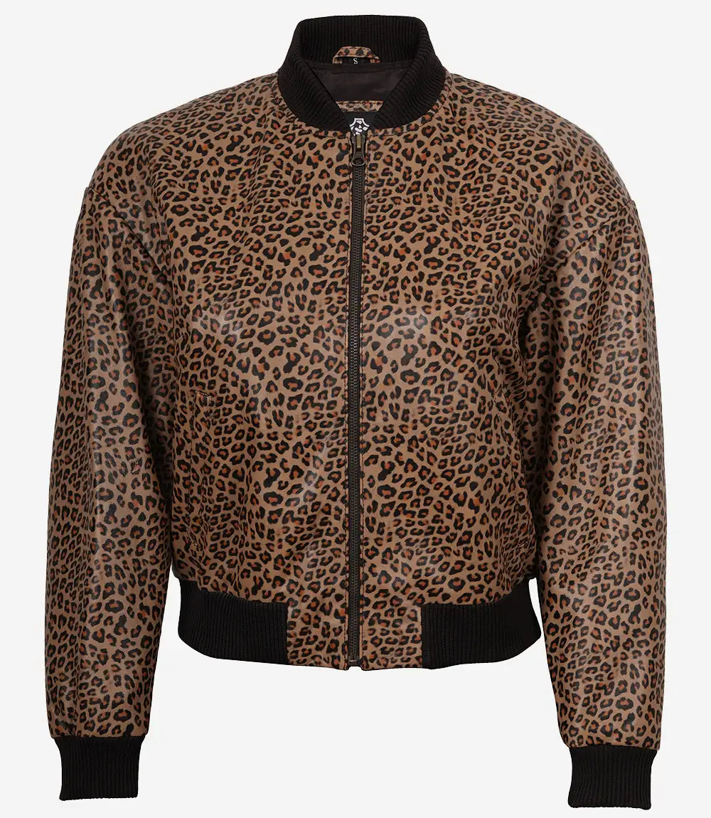 Women's Tan Brown Leopard Print Cropped Bomber Leather Jacket
