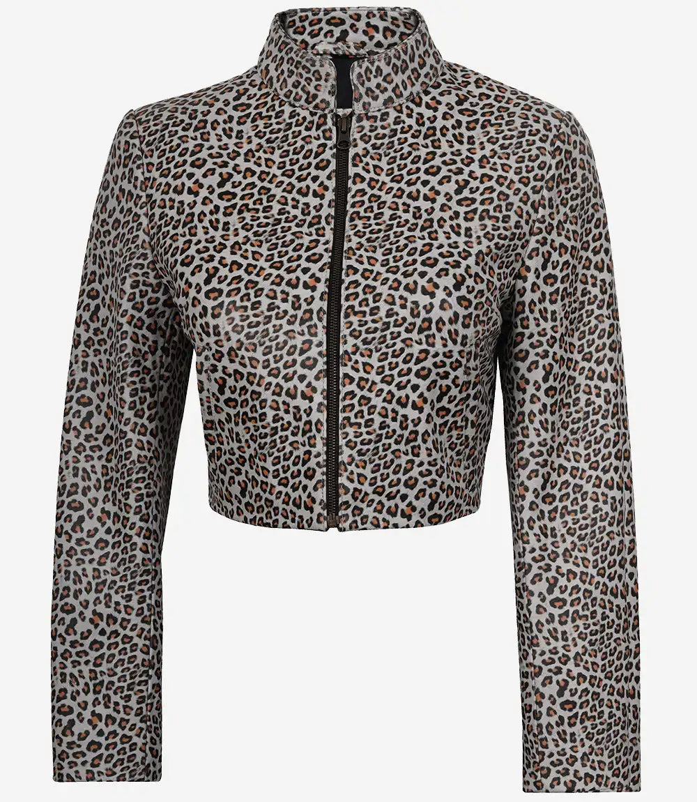 White Leopard Print Women’s Cropped Leather Jacket