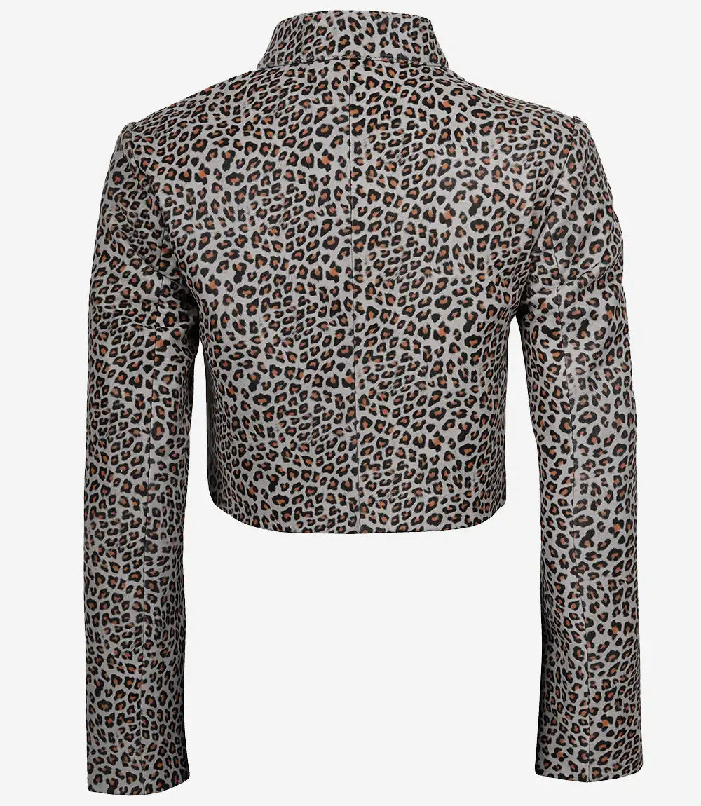 White Leopard Print Women’s Cropped Leather Jacket