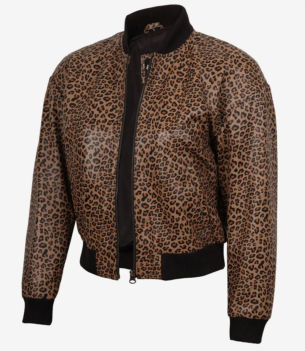 Women's Tan Brown Leopard Print Cropped Bomber Leather Jacket