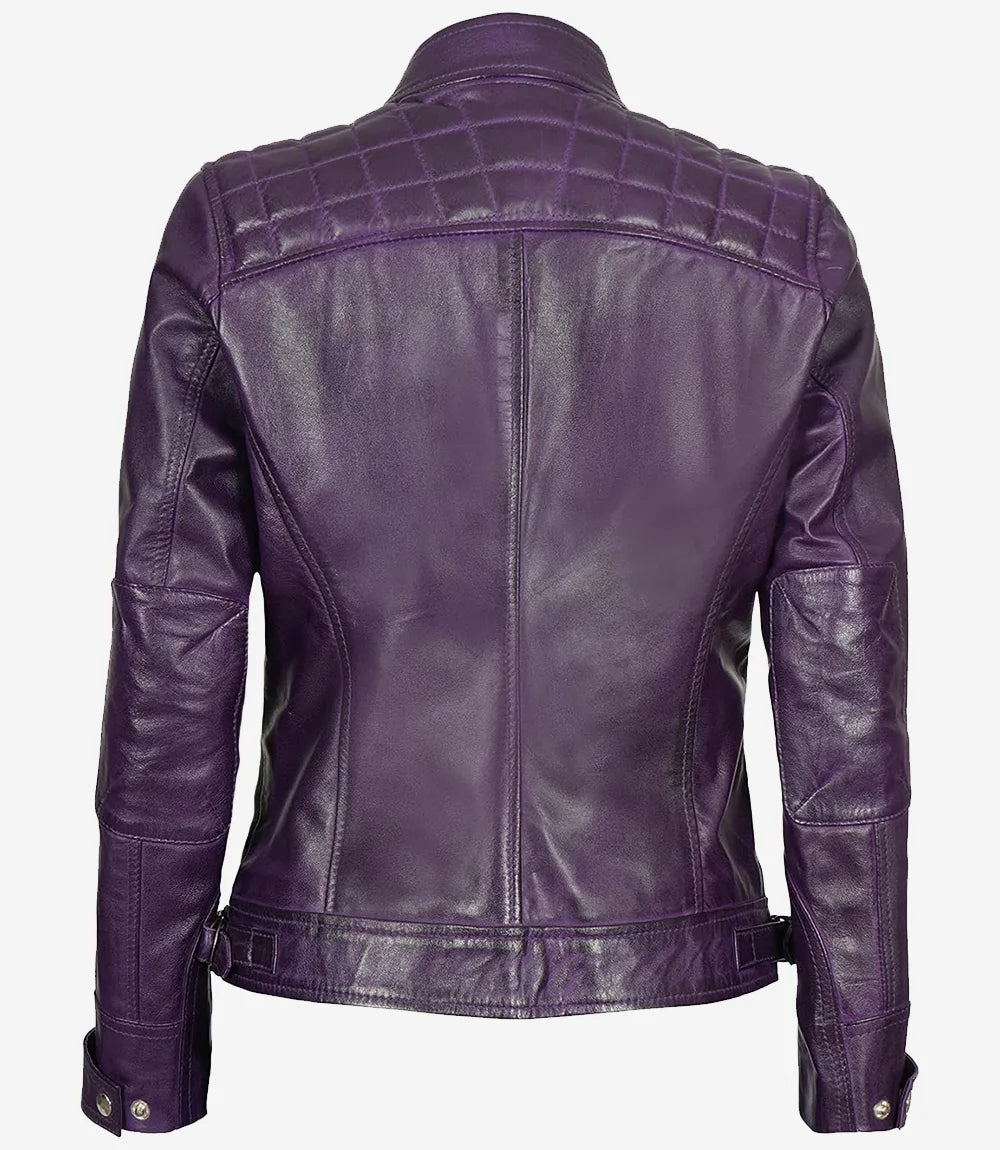 Women Purple Quilted Leather Cafe Racer Jacket