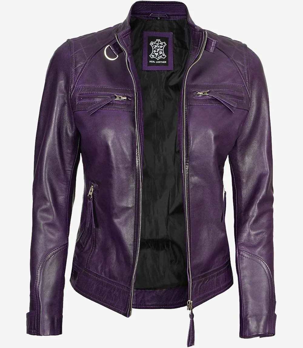 Women Purple Quilted Leather Cafe Racer Jacket