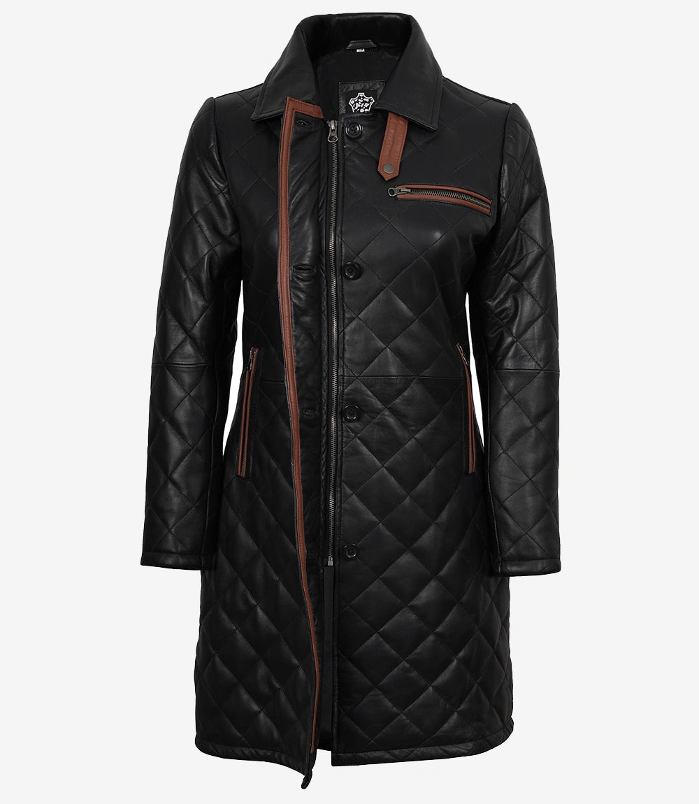 Glen Women's Black Quilted Real Leather Car Coat