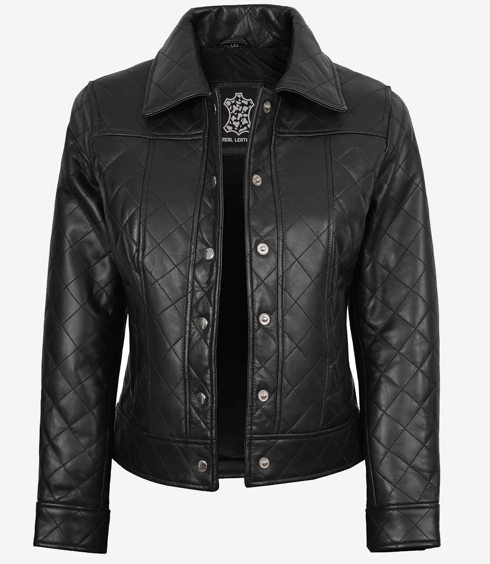 Women's Quilted Black Leather Jacket Shirt Collar