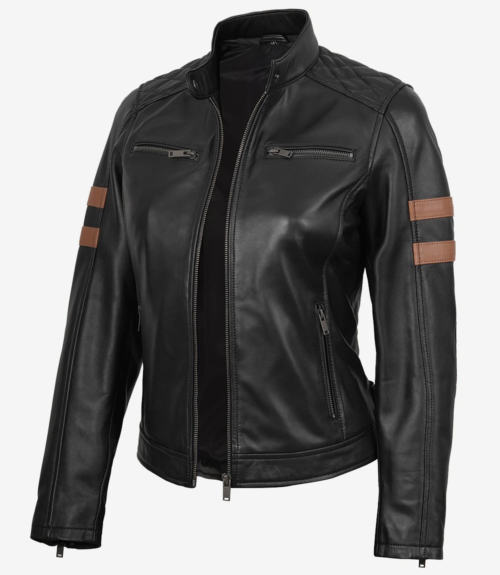 Women’s Black Biker Real Leather Jacket with Cognac Stripes