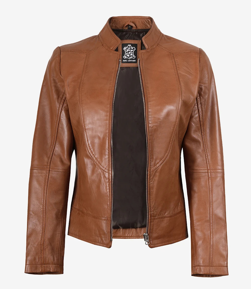 Women's Tan Brown Lambskin Leather Cafe Racer Jacket