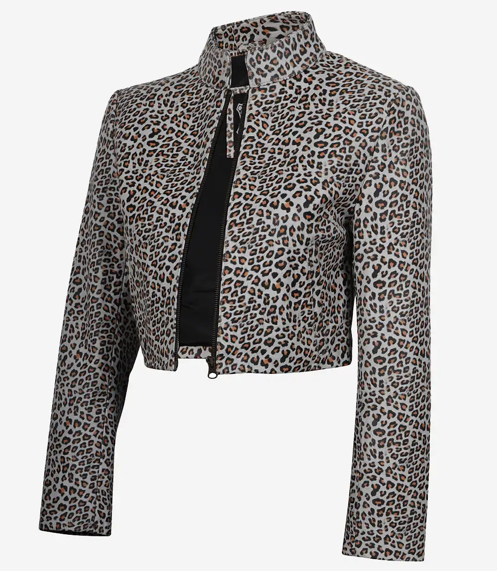 White Leopard Print Women’s Cropped Leather Jacket