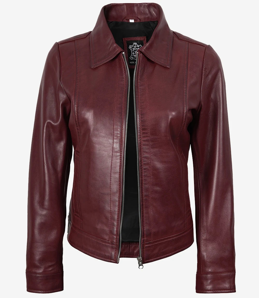 Jose Women's Burgundy Harrington Leather Jacket